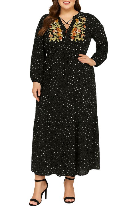 Embroidered Detail Polka Dot Long Sleeve Maxi Dress (Plus)