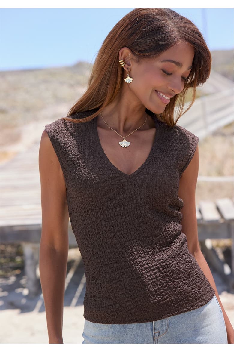 Sleeveless Textured Top, Alternate, color, Brown