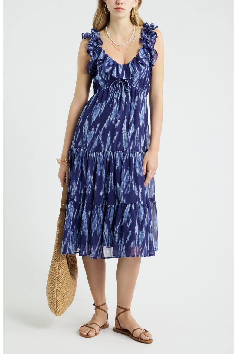 Print Ruffle Trim Tiered Midi Dress, Alternate, color, NAVY STILL PIPER IKAT