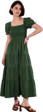 Apricot Smocked Cotton Poplin Midi Dress