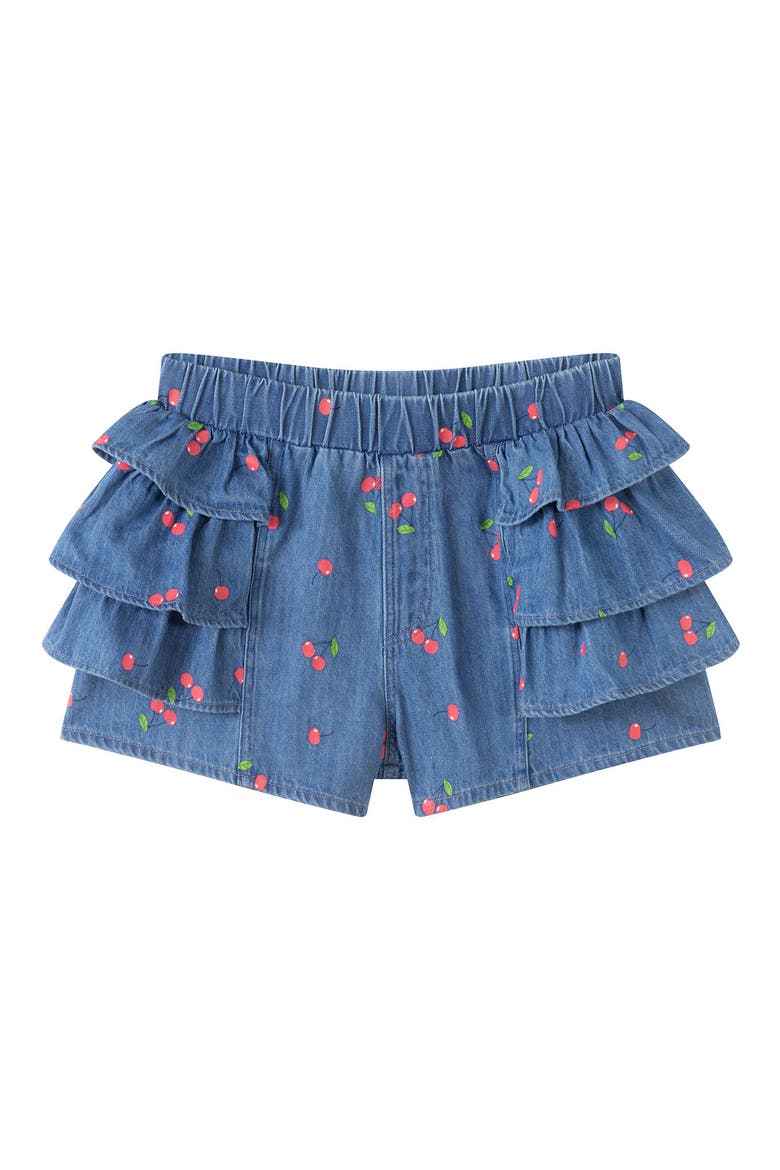 Kids' Printed Ruffle Denim Shorts, Main, color, NAVY CHERRY