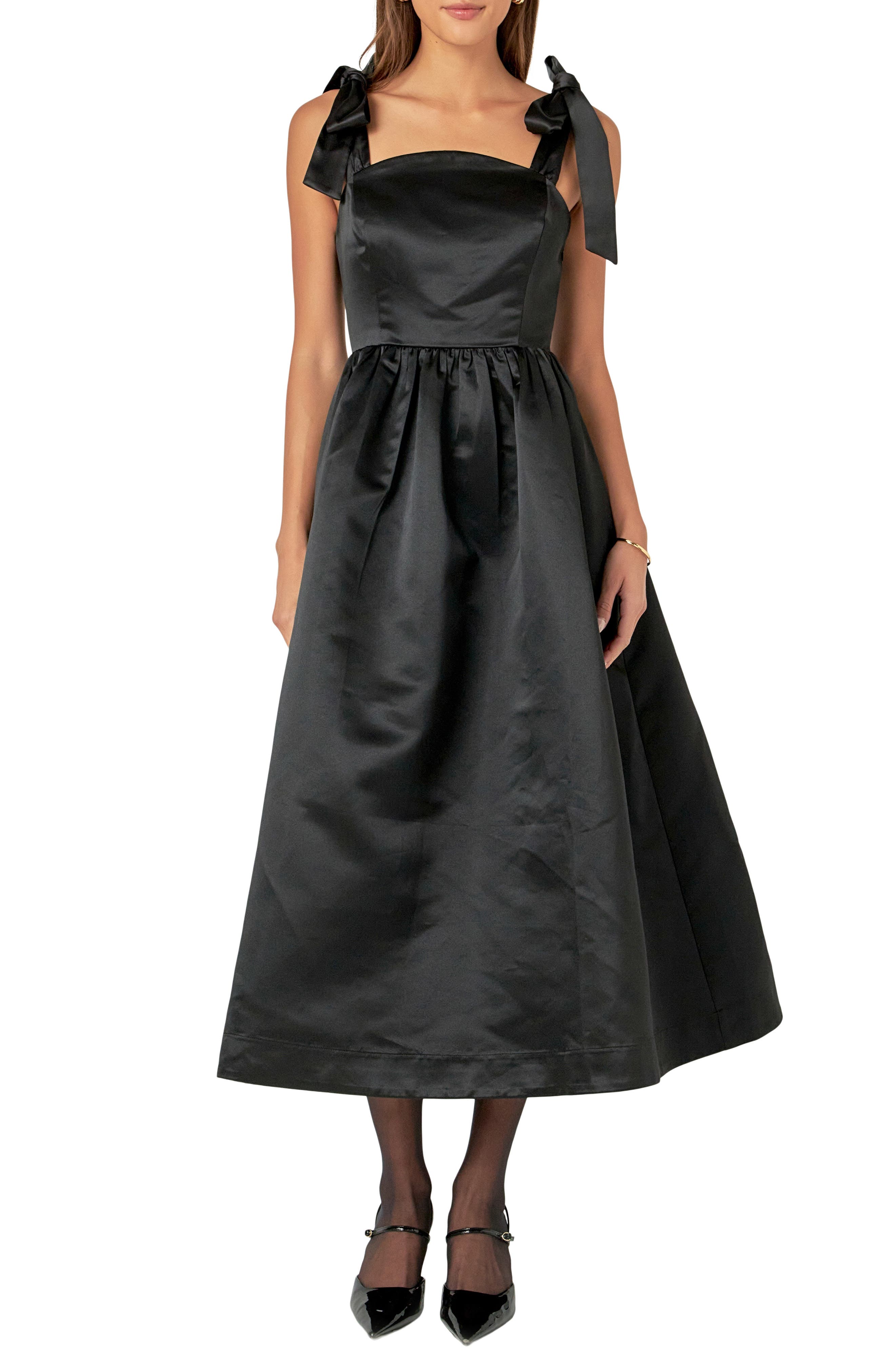 English Factory Bow Strap Satin Midi Dress in Black 