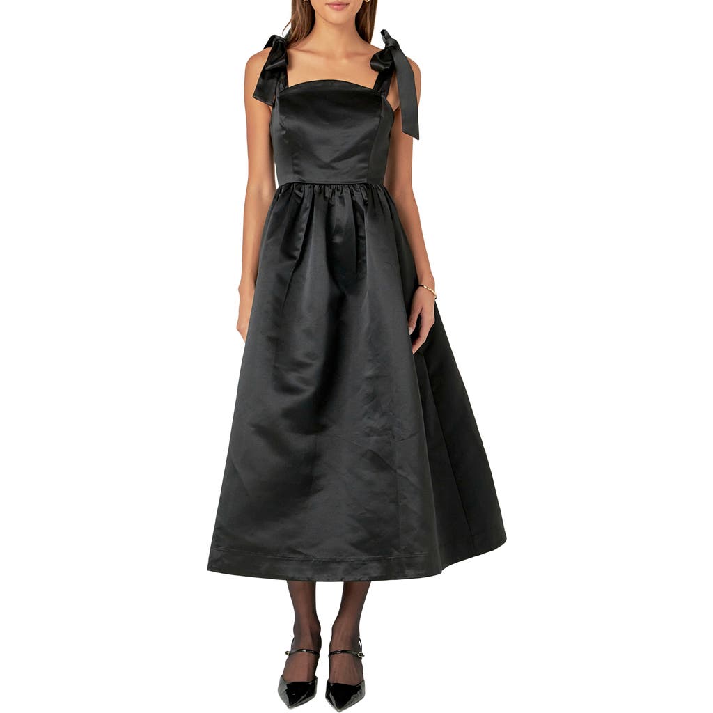 English Factory Bow Strap Satin Midi Dress in Black