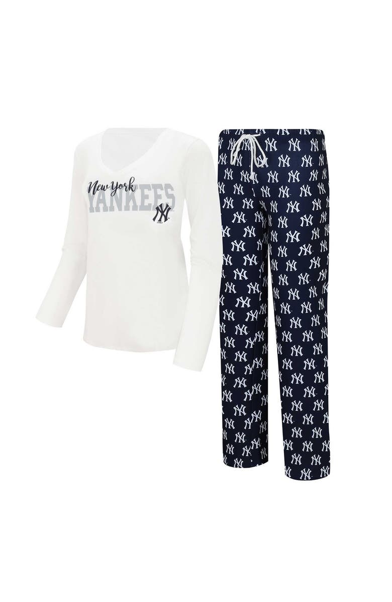 CONCEPTS SPORT Women's Concepts Sport White/Navy New York Yankees Long Sleeve V-Neck T-Shirt & Gauge Pants Sleep Set, Main, color, 