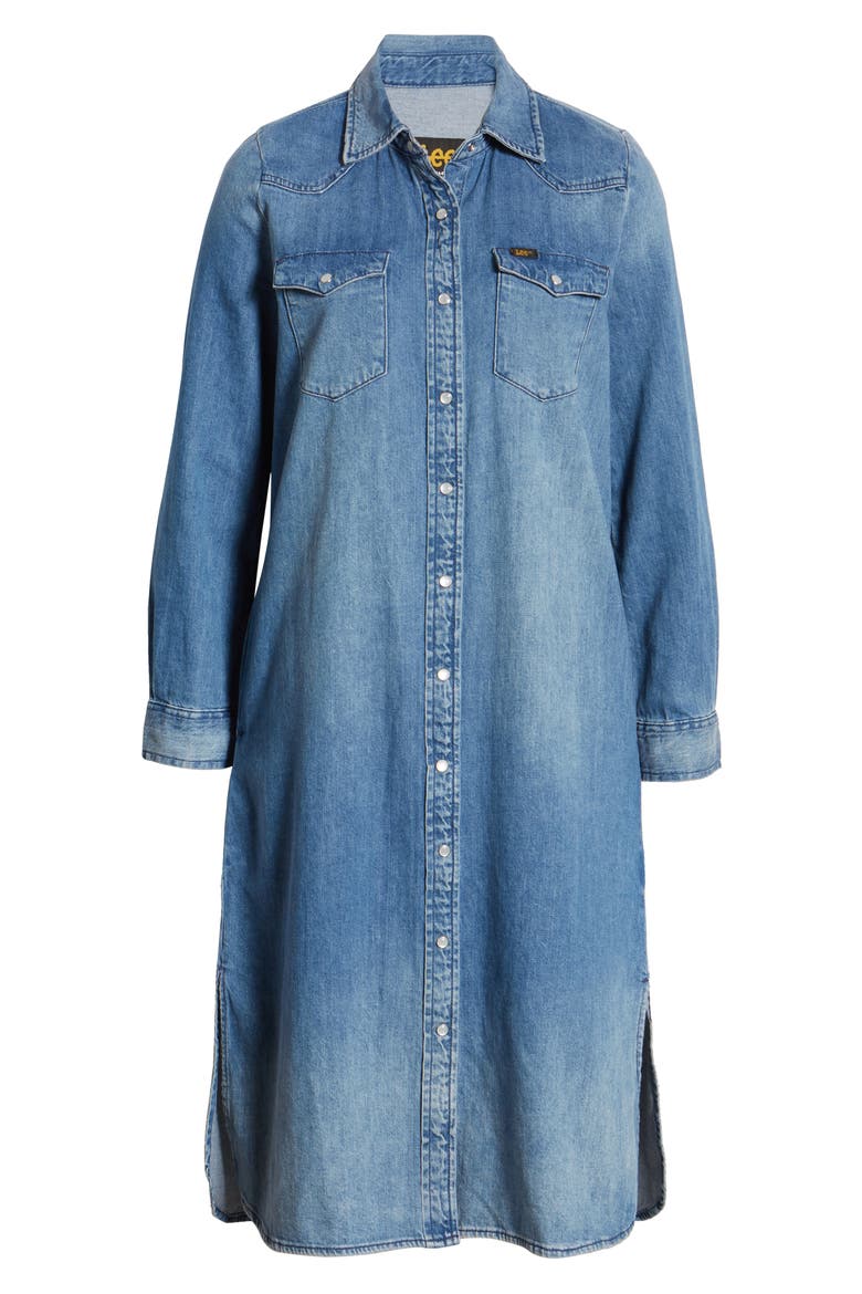Western Denim Midi Shirtdress, Alternate, color, FLINT HILL BLUE