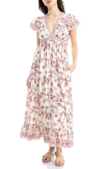 Max Studio Floral Flutter Sleeve Maxi Dress In Ecru/red Blooming