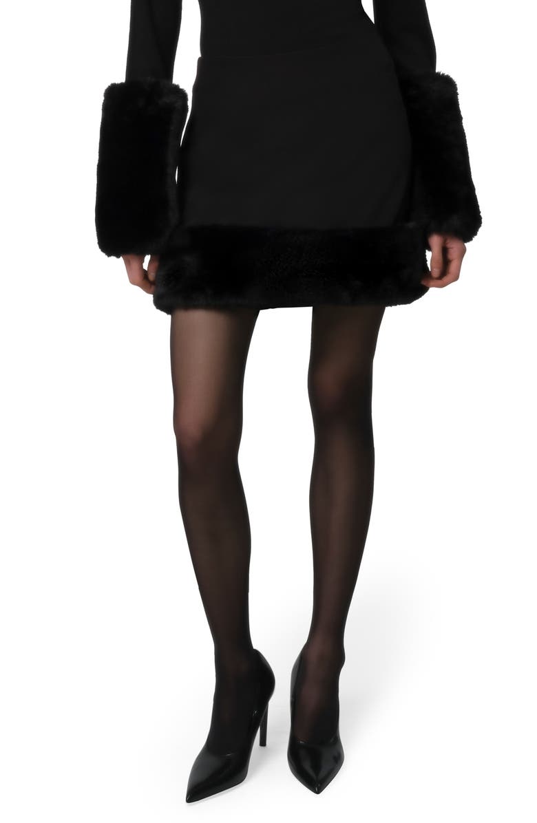 Apparis Meadow Stretch Crepe Miniskirt with Faux Fur Trim, Alternate, color, Noir / Noir