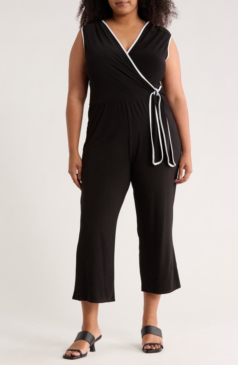 TASH AND SOPHIE Contrast Sleeveless Wrap Crop Jumpsuit, Main, color, Black White