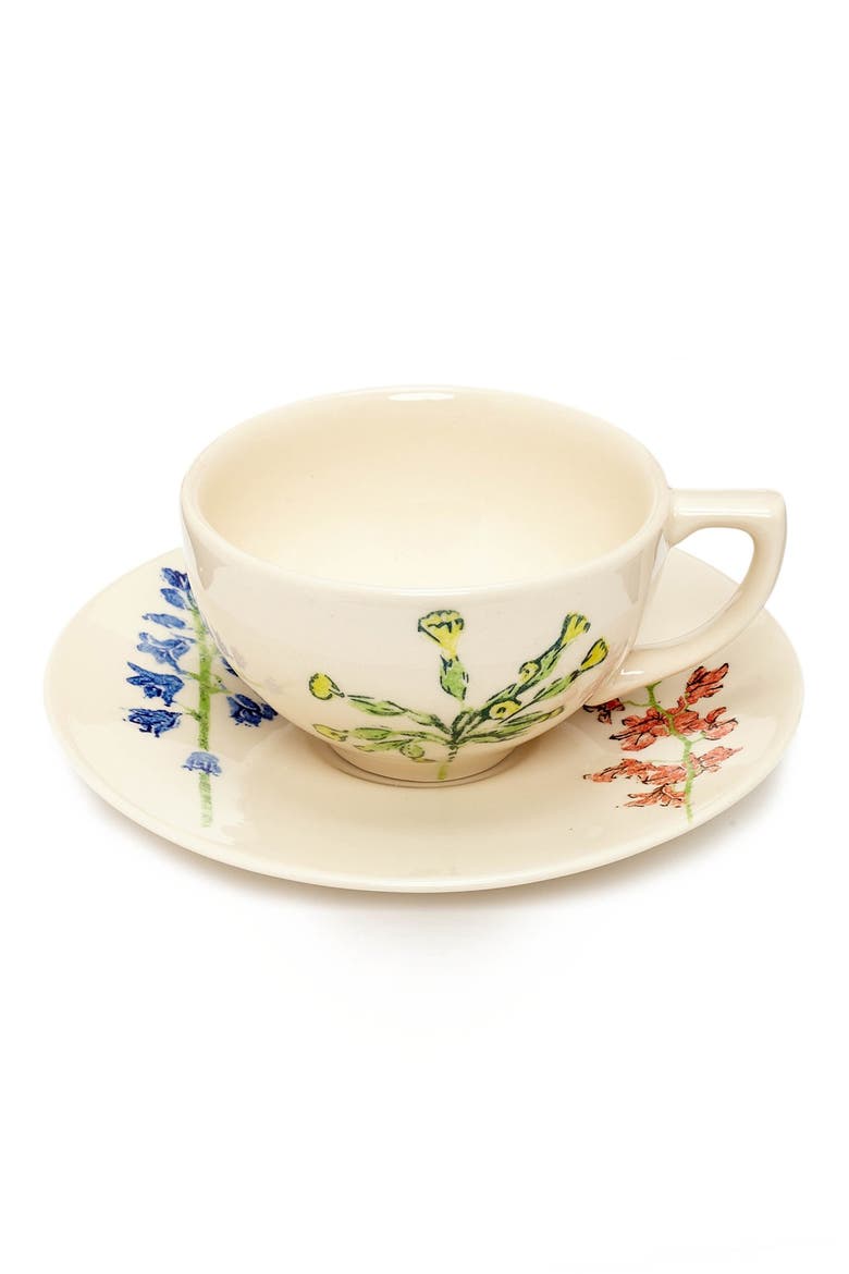 Floral Stenciled Ceramic Cup & Saucer, Main, color, THEODORA