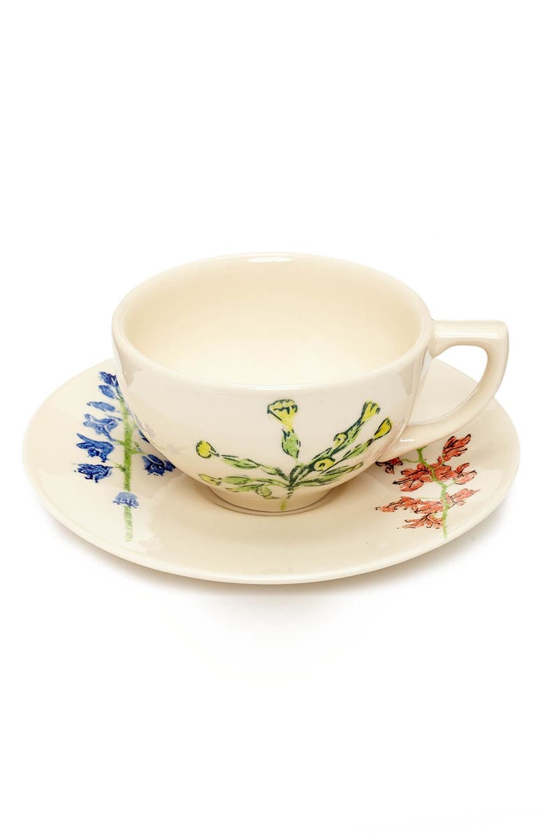 Flowers of Liberty Floral Stenciled Ceramic Cup & Saucer, Main, color, 