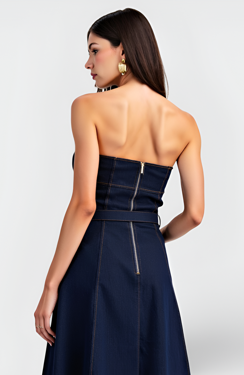 Modenaire Strapless Denim Midi Dress with Belted Waist, Contrast Stitching and Pockets, Alternate, color,