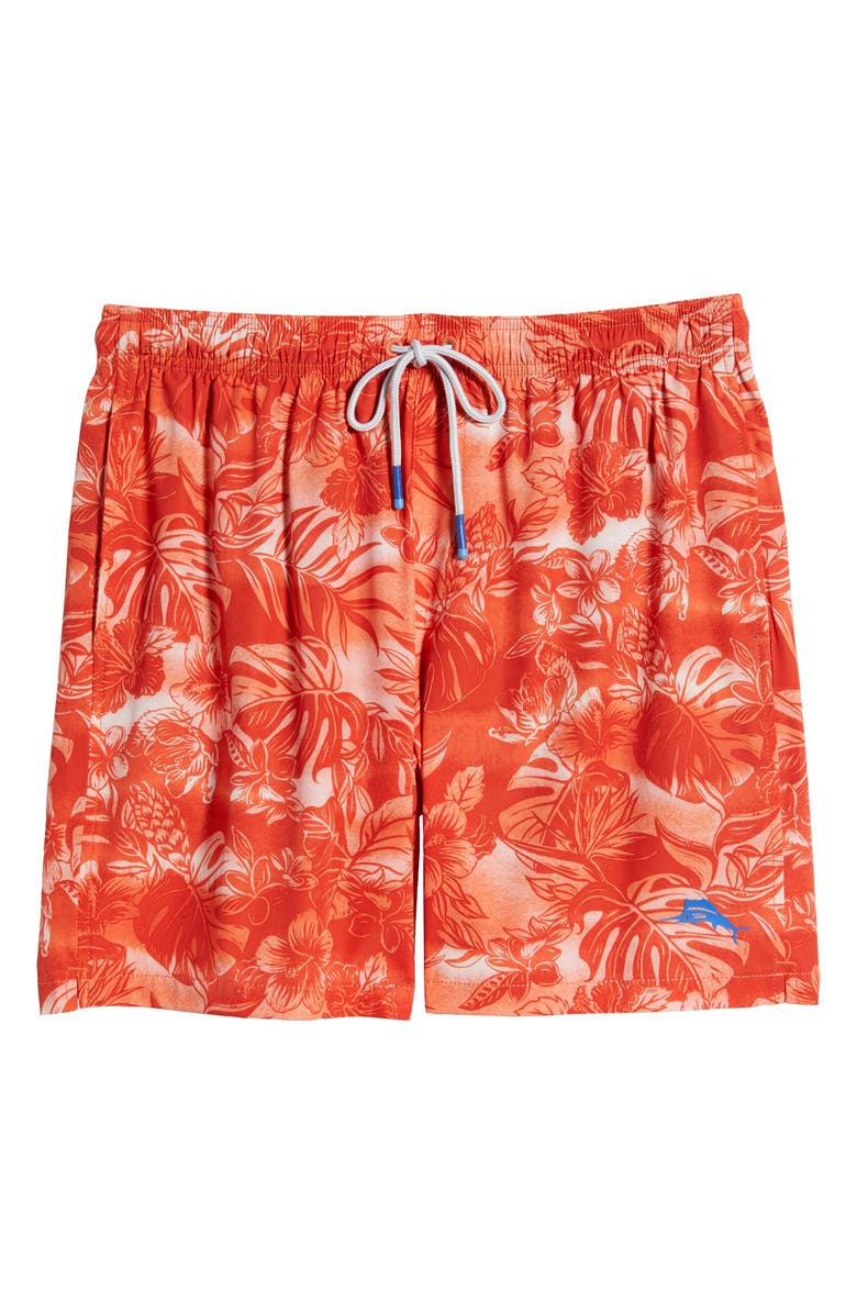 Tommy Bahama Naples Ocean Escape Floral Performance Swim Trunks, Alternate, color, Orange Candy