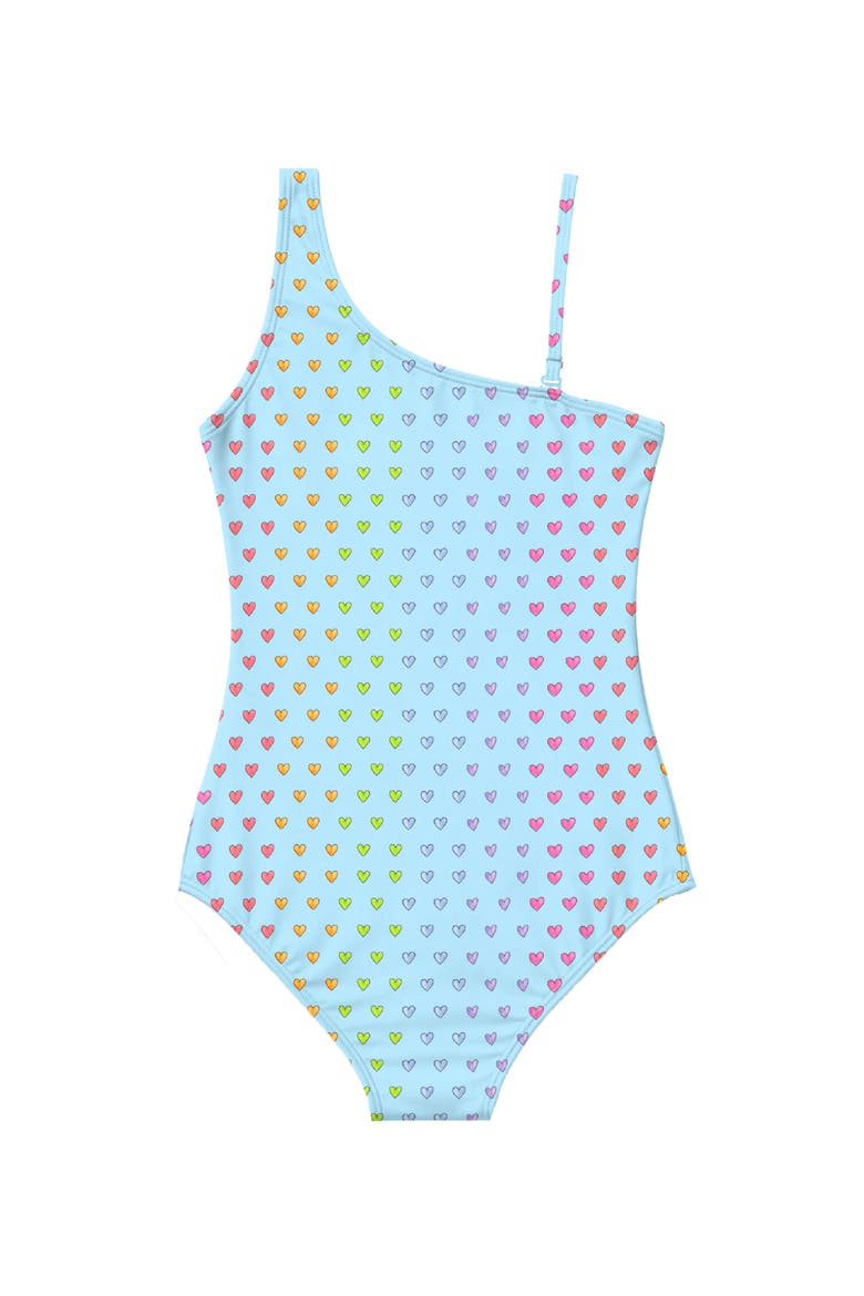One Shoulder One Piece Multicolor Heart Printed Swimsuit, Alternate, color, Blue Multi