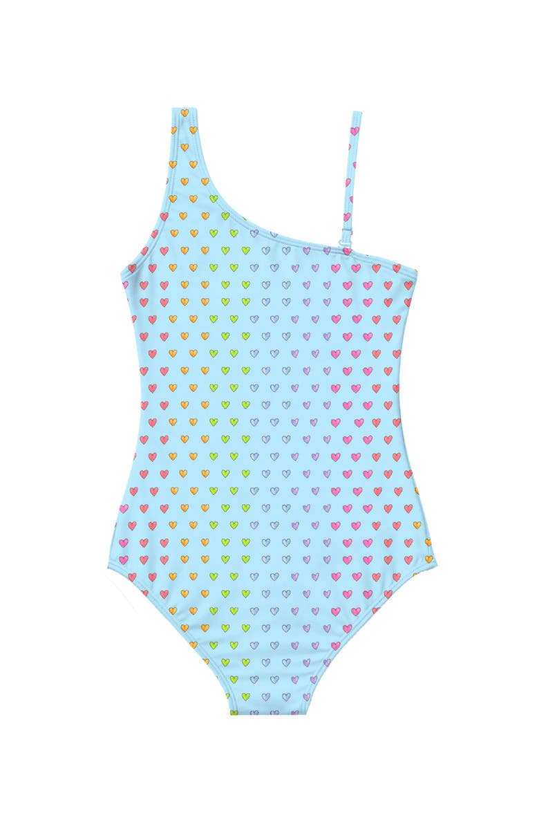 Limeapple One Shoulder One Piece Multicolor Heart Printed Swimsuit, Alternate, color, Blue Multi