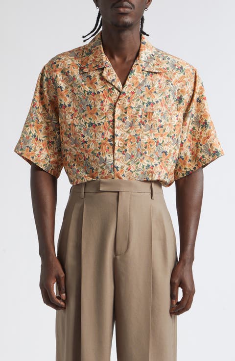 Papier Floral Short Sleeve Silk Poplin Button-Up Shirt