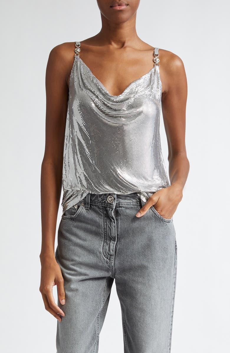 Versace Medusa Cowl Neck Metal Mesh Camisole, Main, color, 