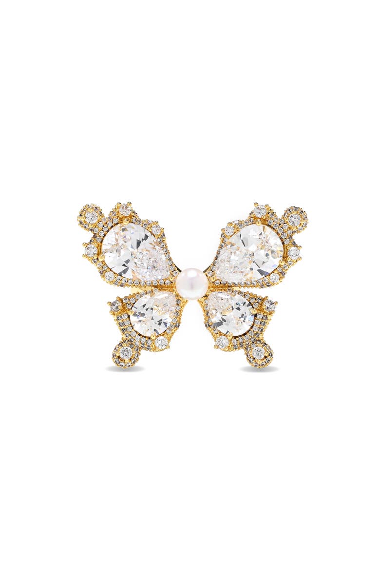 Leni Cubic Zirconia & Faux Pearl Butterfly Statement Ring, Alternate, color, GOLD