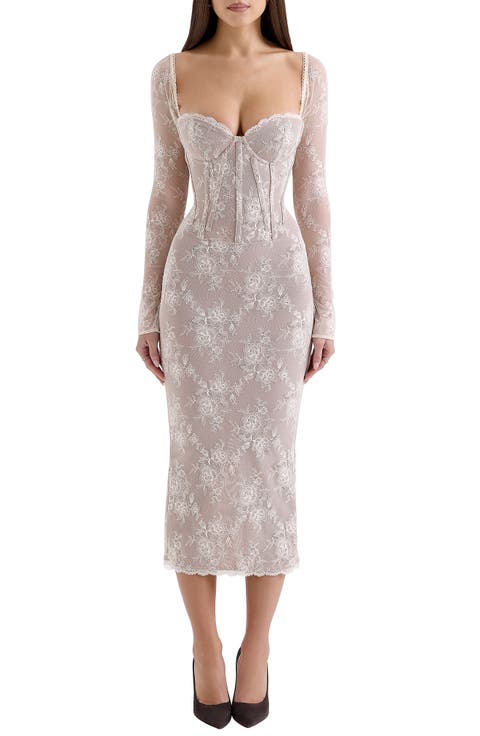 Saisha Long Sleeve Lace Cocktail Midi Dress