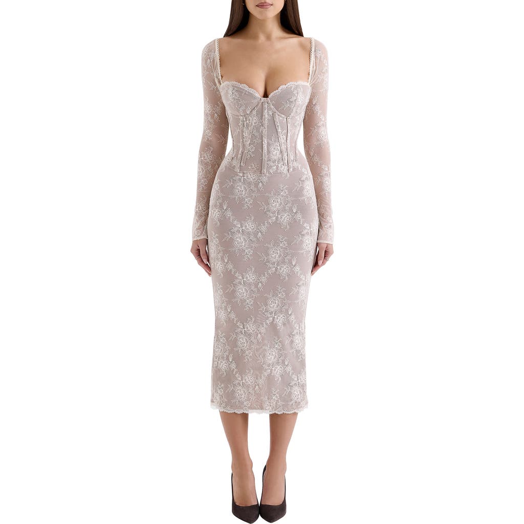 House Of Cb Saisha Long Sleeve Lace Cocktail Midi Dress In Vintage Cream