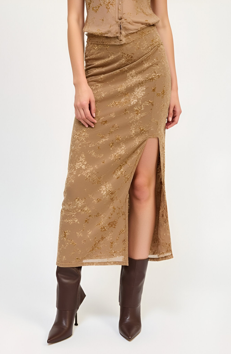 Modenaire Floral Velvet Ruched Waist Side Slit Midi Skirt, Main, color,