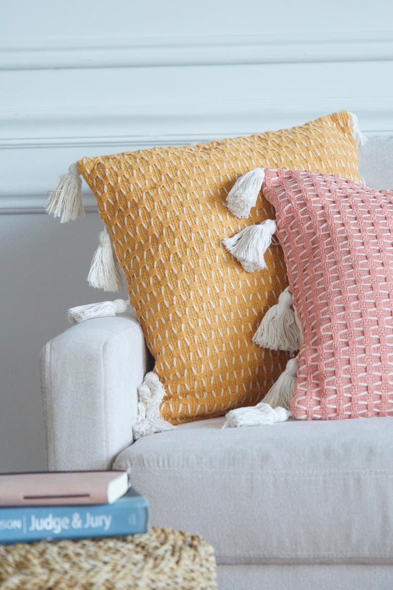 Ochre Textured Diamond Woven Accent Throw Pillow Decor, Alternate, color, Orange