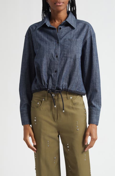 Drawcord Hem Denim Button-Up Shirt