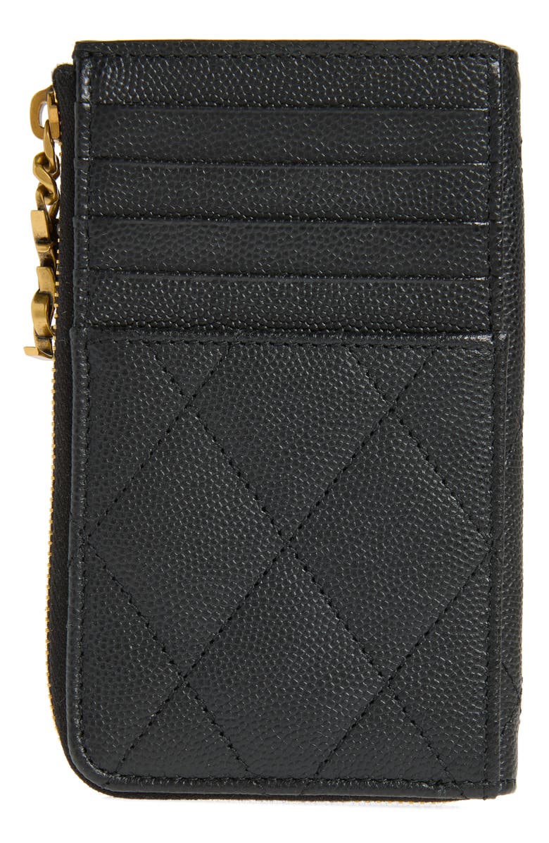Saint Laurent Cassandre Bijou Matelassé Grain de Poudre Leather Zip Card Case, Alternate, color, Black