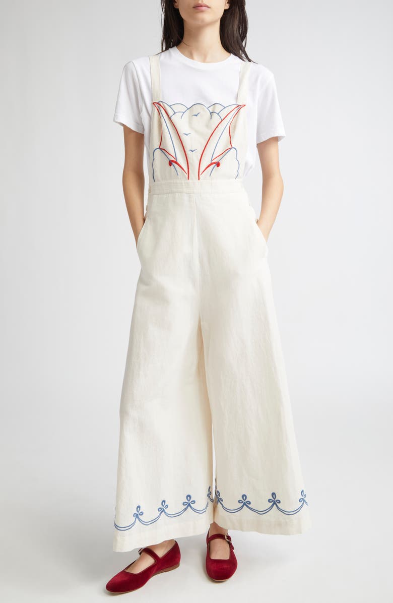 Bode Embroidered Sailboat Cotton & Linen Jumpsuit, Main, color, White Multi