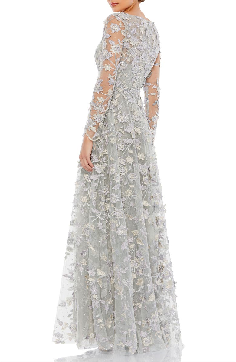 Mac Duggal Floral Applique Long Sleeve Illusion Gown, Alternate, color, Platinum