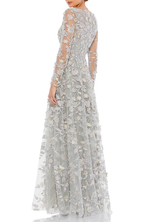 Mac Duggal Floral Applique Long Sleeve Illusion Gown In Platinum