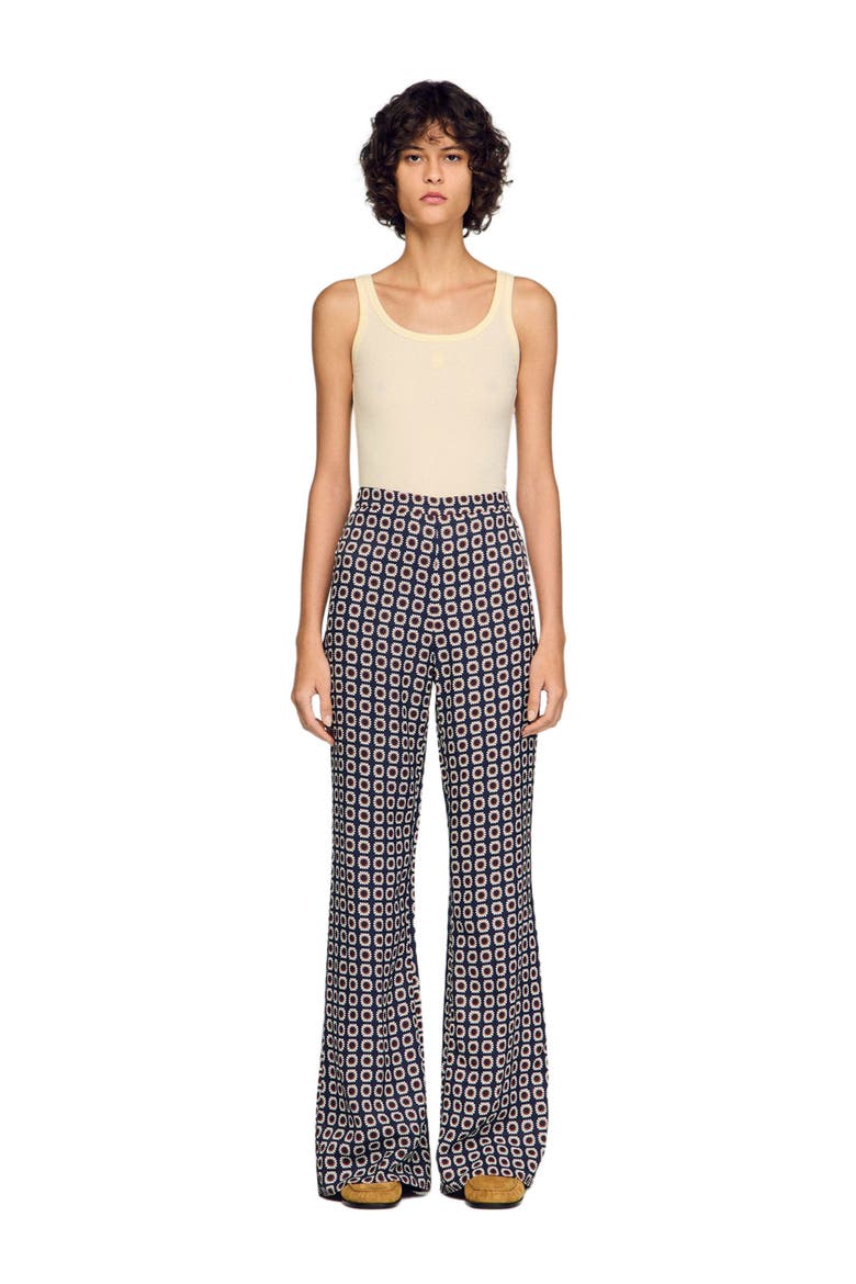 Floral-print floaty trousers, Alternate, color, Deep blue / ocher