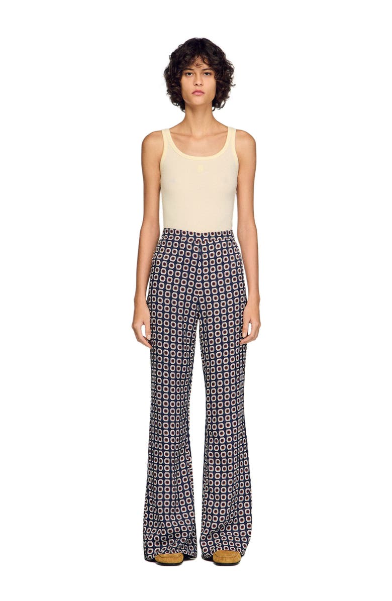 SANDRO Floral-print floaty trousers, Alternate, color, Deep Blue / Ocher