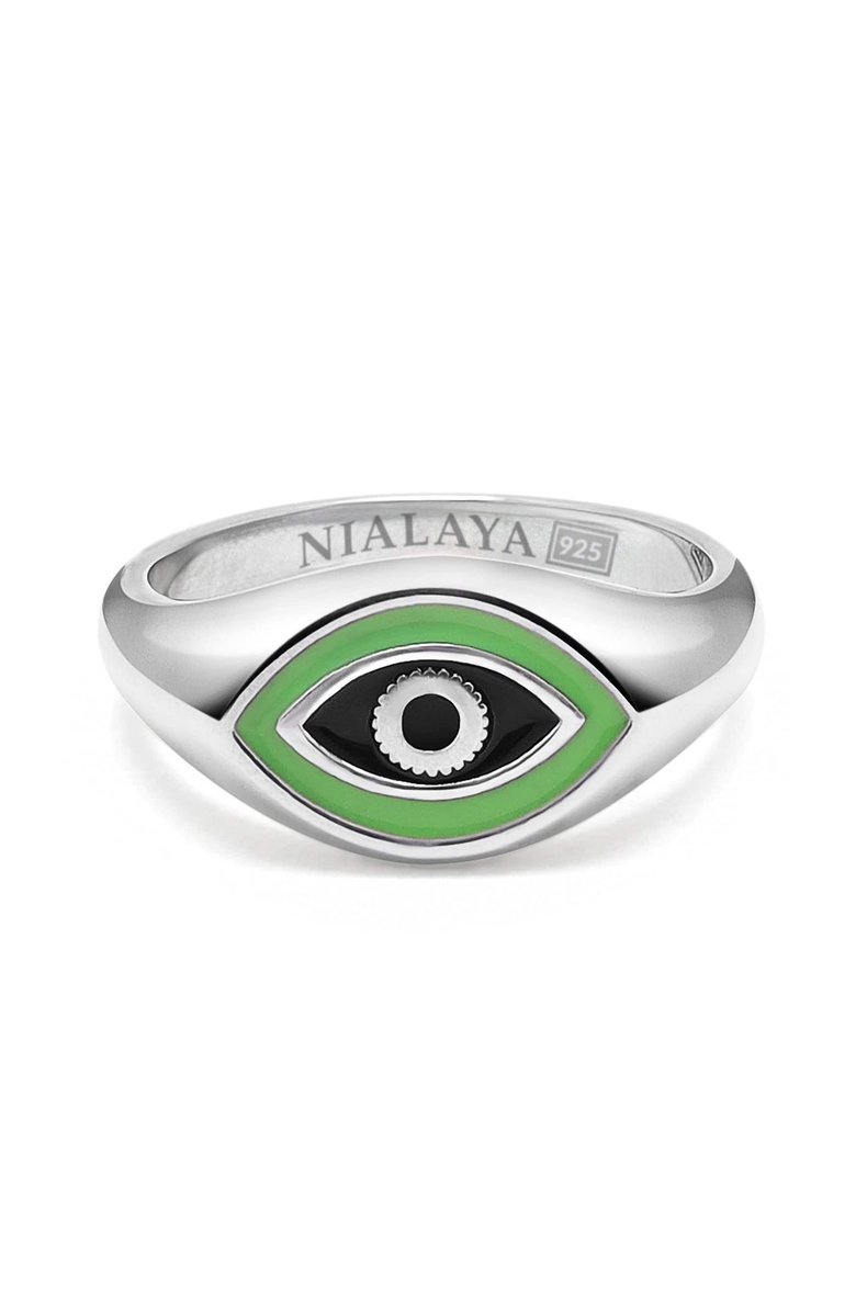 Nialaya Evil Eye Signet Ring, Main, color, Silver / Green Eye
