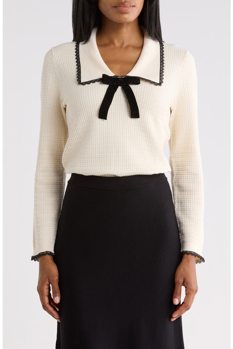Bow Waffle Knit Sweater, Main, color, CREAM/ BLACK