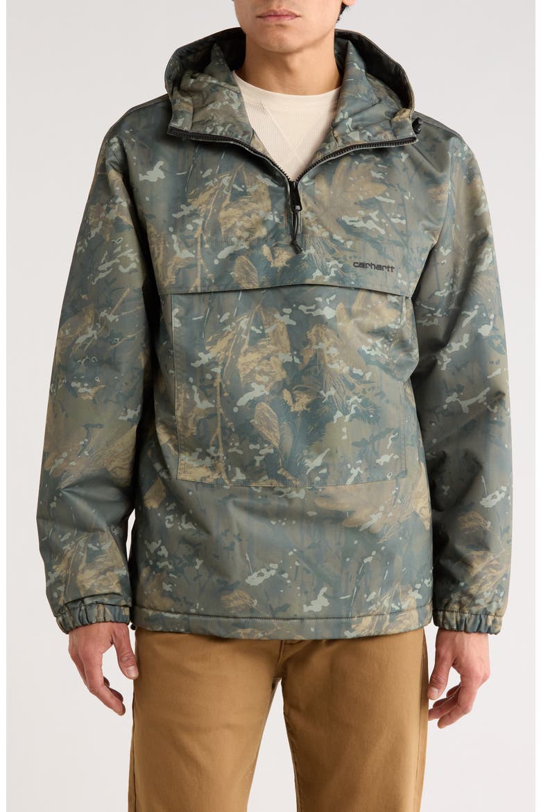 Water Repellent Hooded Fleece Lined Windbreaker Pullover, Main, color, CAMO COMBI GREEN / BLACK