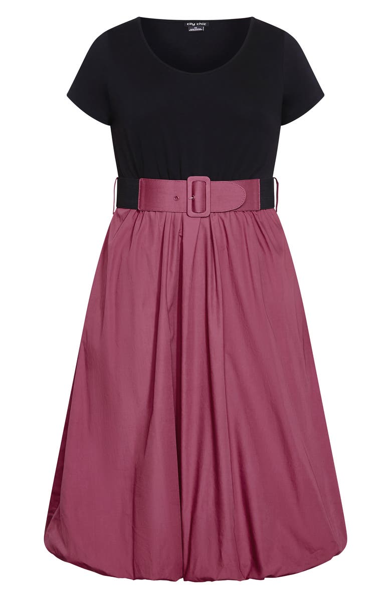 City Chic Paris Days Mixed Media Bubble Hem Belted Dress, Alternate, color, Rose Print