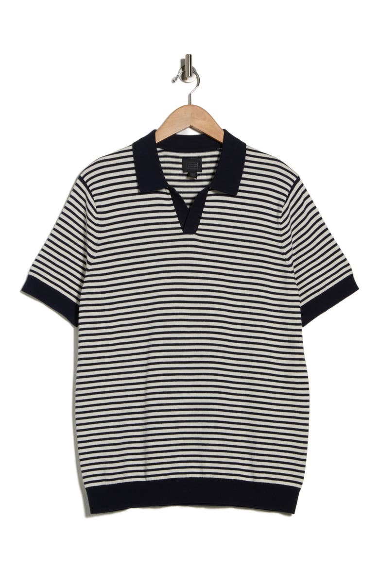 Short Sleeve Johnny Collar Knit Top, Alternate, color, NAVY- IVORY EVAN STRIPE