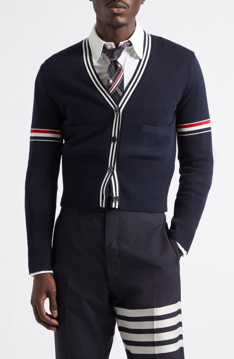 Thom Browne Sailboat Jacquard Cotton Cardigan, Main, color, Navy
