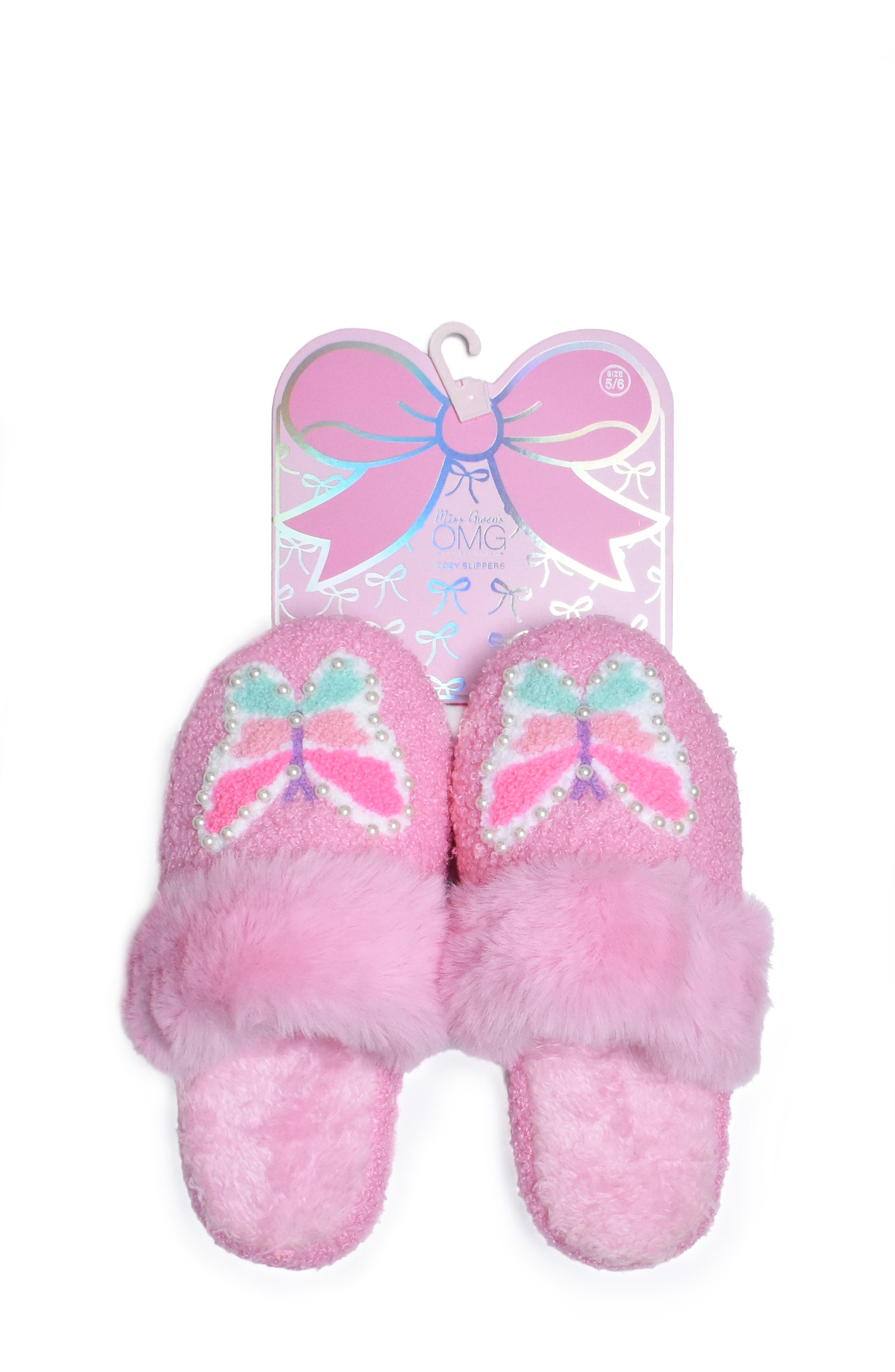OMG Accessories Kids' Faux Pearl Butterfly Faux Fur Slipper, Main, color, Peony