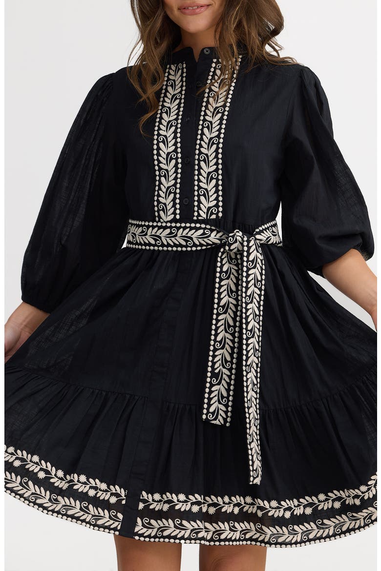 Cala Embroidered Tie Waist Cotton Dress, Alternate, color, BLACK W OFF WHITE