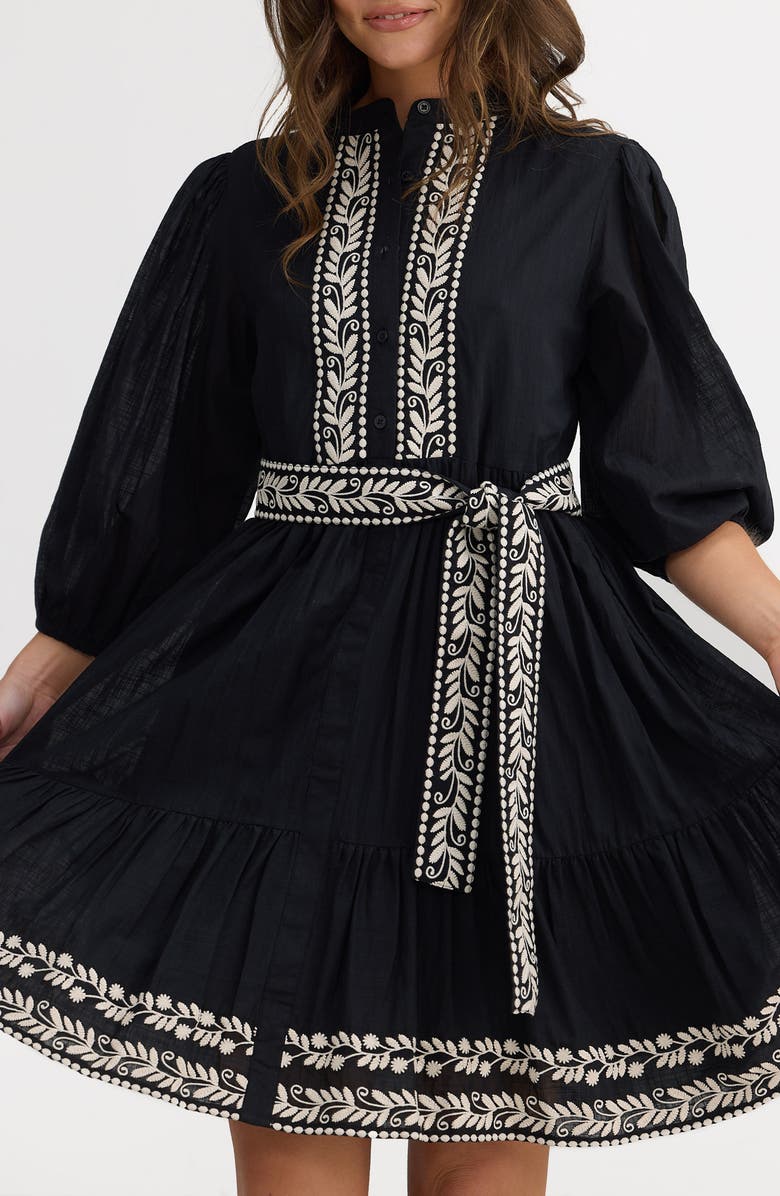 Talisman the Label Cala Embroidered Tie Waist Cotton Dress, Alternate, color, Black W Off White