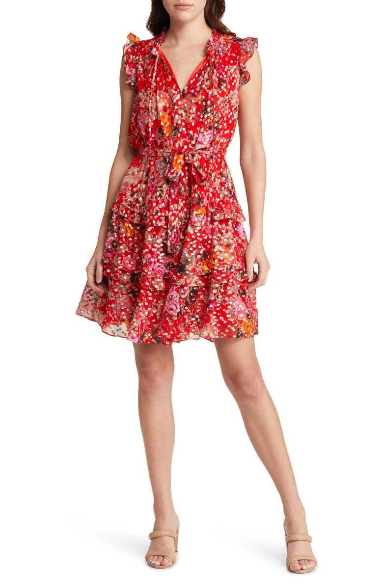 KOBI HALPERIN Brook Metallic Tie Waist Tiered Silk Blend Dress, Main, color, Flame Orange Multi