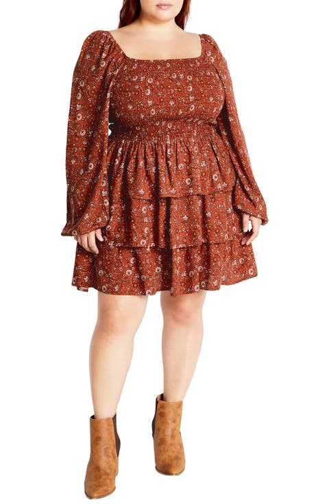 Floral Print Long Sleeve Tiered Minidress (Plus)