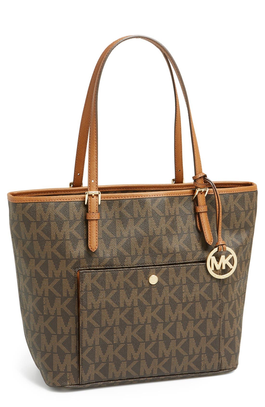 'Large Jet Set' Signature Snap Pocket Tote, Main, color, BROWN