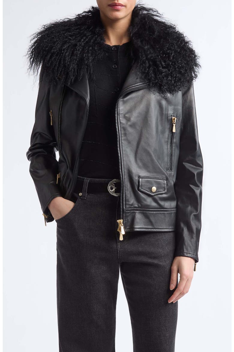 Genuine Shearling Collar Leather Biker Jacket, Main, color, 22 BLACK