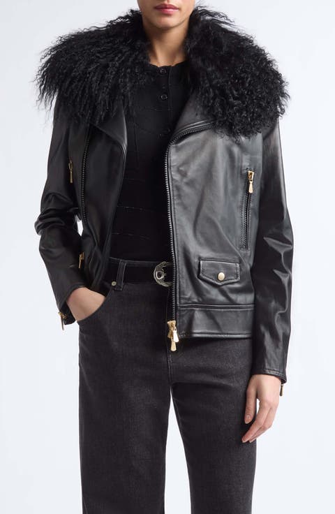 Genuine Shearling Collar Leather Biker Jacket
