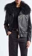 Eleventy Genuine Shearling Collar Leather Biker Jacket