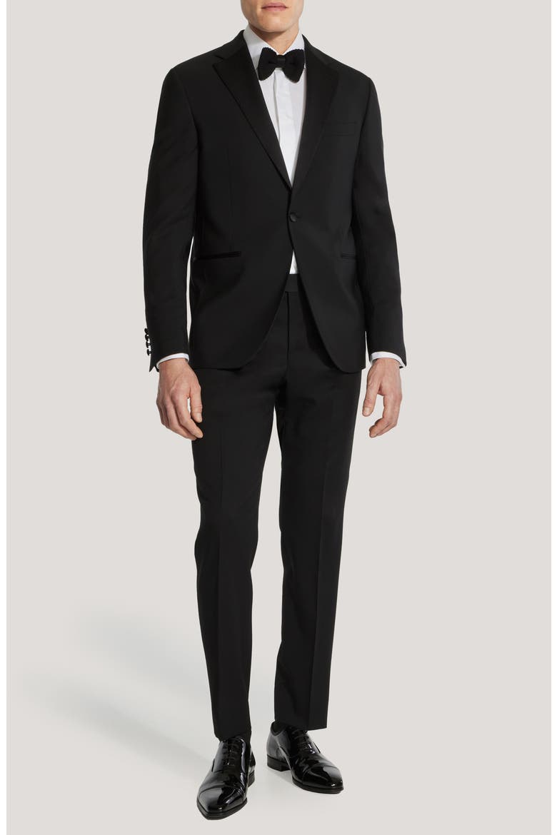 Ezra Notched Lapel Black Wool Tuxedo, Main, color, BLACK