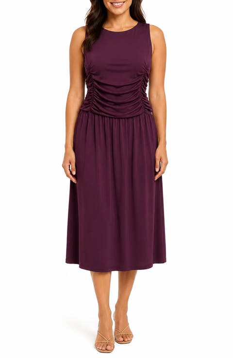 Ruched Sleeveless Drop Waist Midi Dress