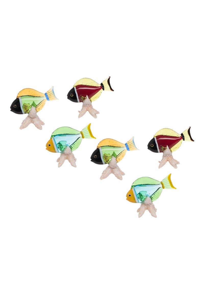 Mini Fish On Star Stands Set of 6 Glass Figurines 2", Main, color, Green